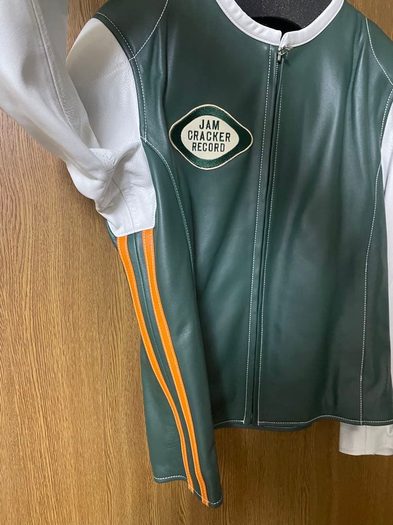 レザー シングルライダースジャケット グリーン/ホワイト