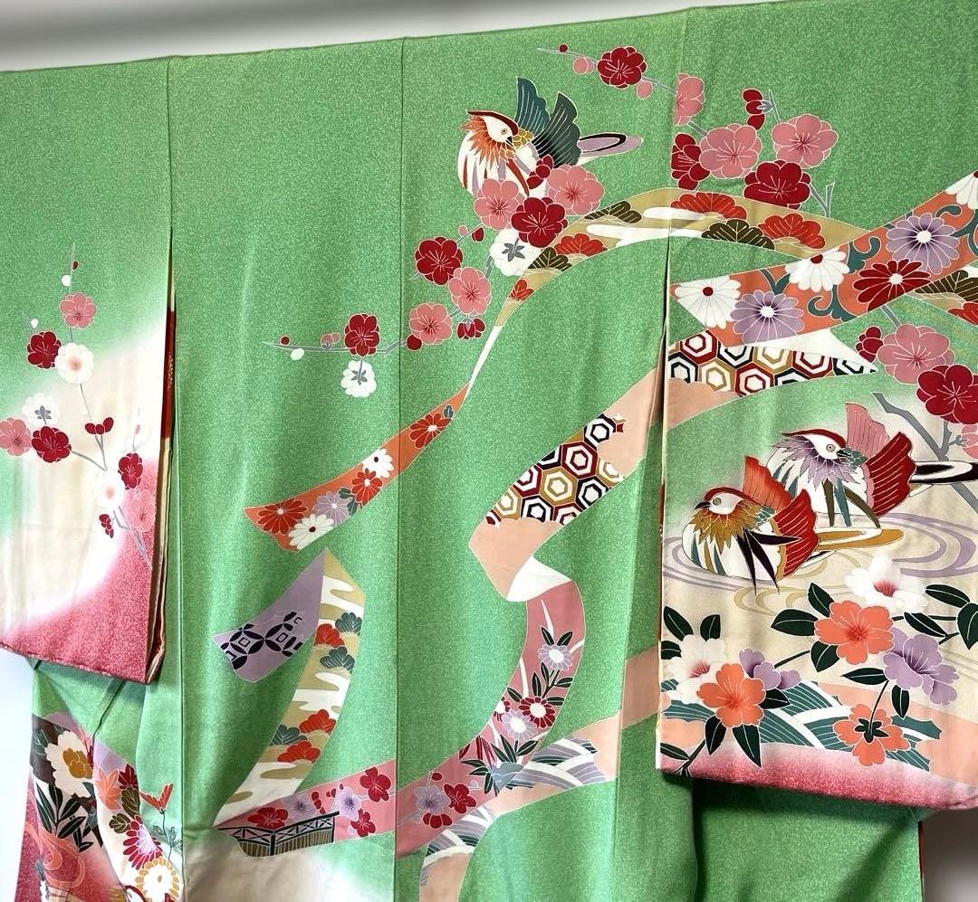 □七五三7歳　正絹女児用振り袖着物　正絹襦袢付　おしどり　緑系