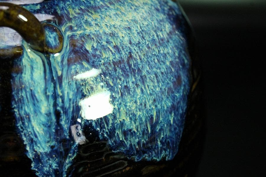 茶道具 飾壷 窯変釉 四耳壷 春峰 在銘 共箱 紐 網 揃(K-YC388)