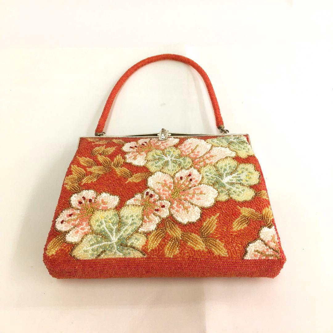 花柄ビーズ刺繍 がま口バッグ 総ビーズ　昭和レトロ