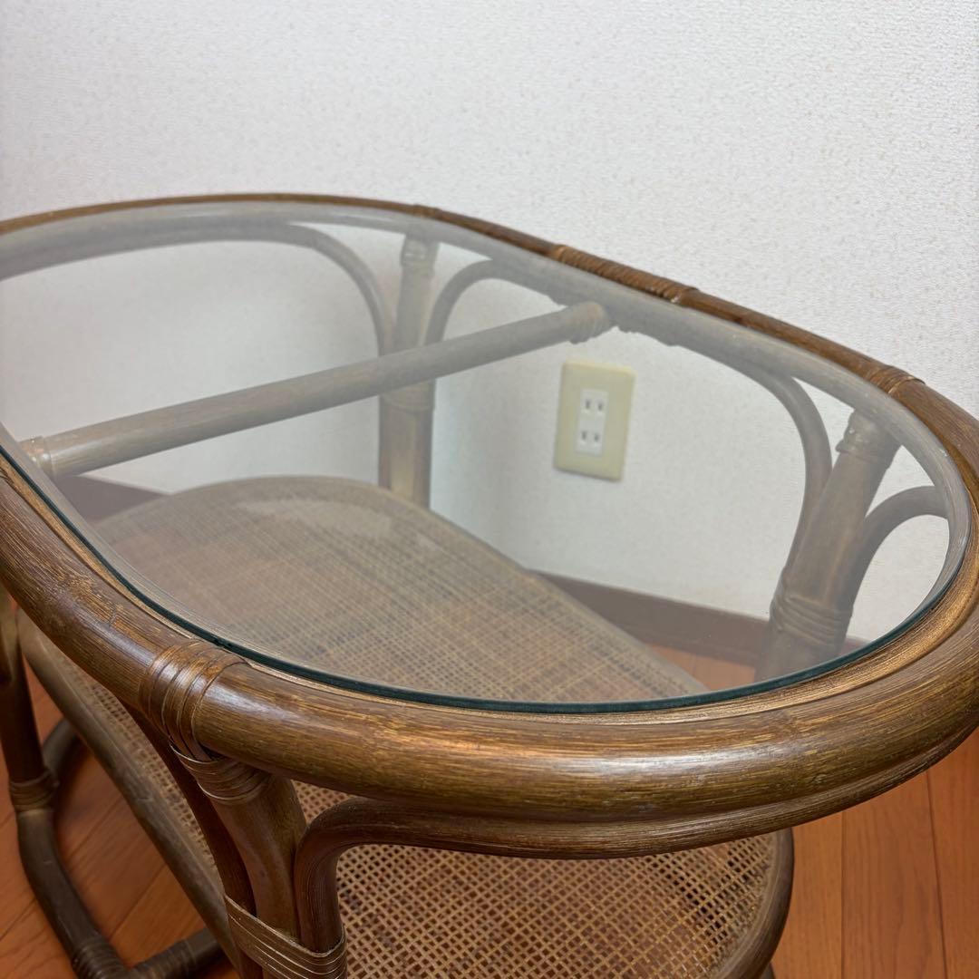 送料無料 ラタン製ガラス天板サイドテーブル アンティーク ヴィンテージ 天然木