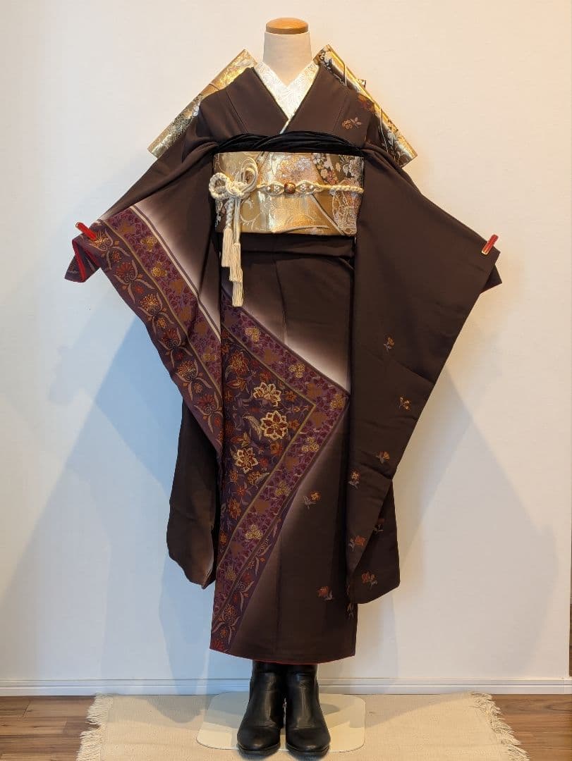 振袖フルセット 身丈168.5裄69.5 更紗 焦げ茶 ブラウン 金彩 成人式