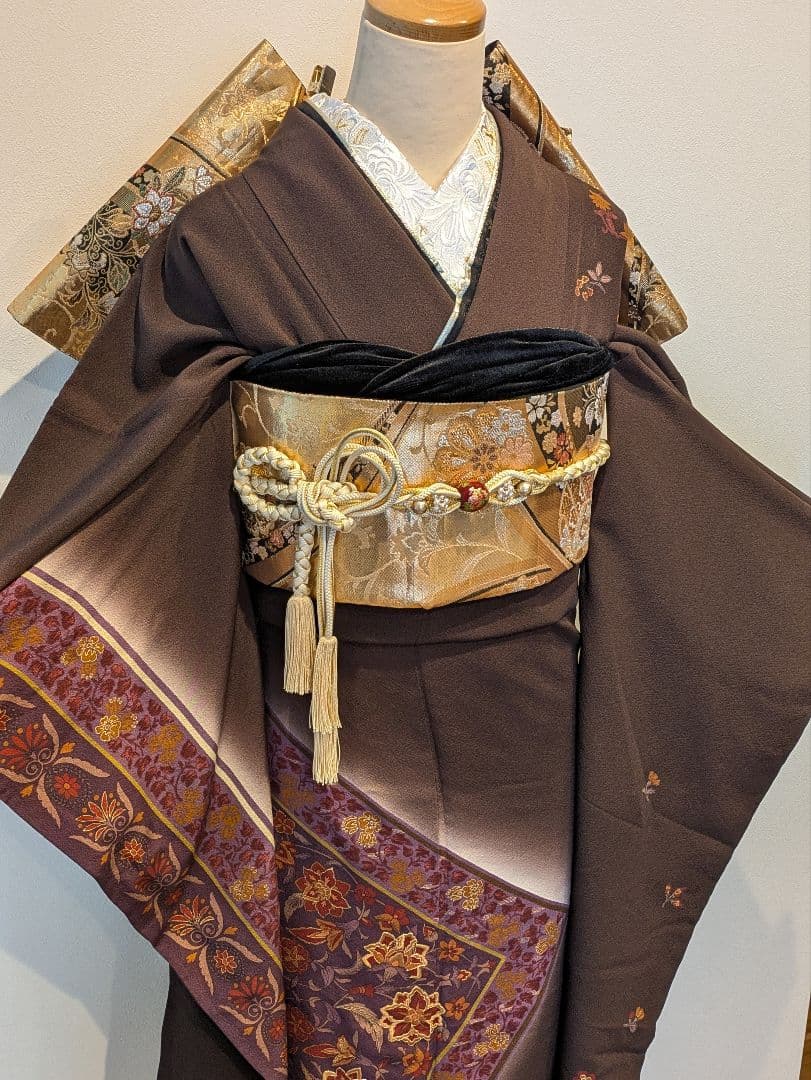 振袖フルセット 身丈168.5裄69.5 更紗 焦げ茶 ブラウン 金彩 成人式