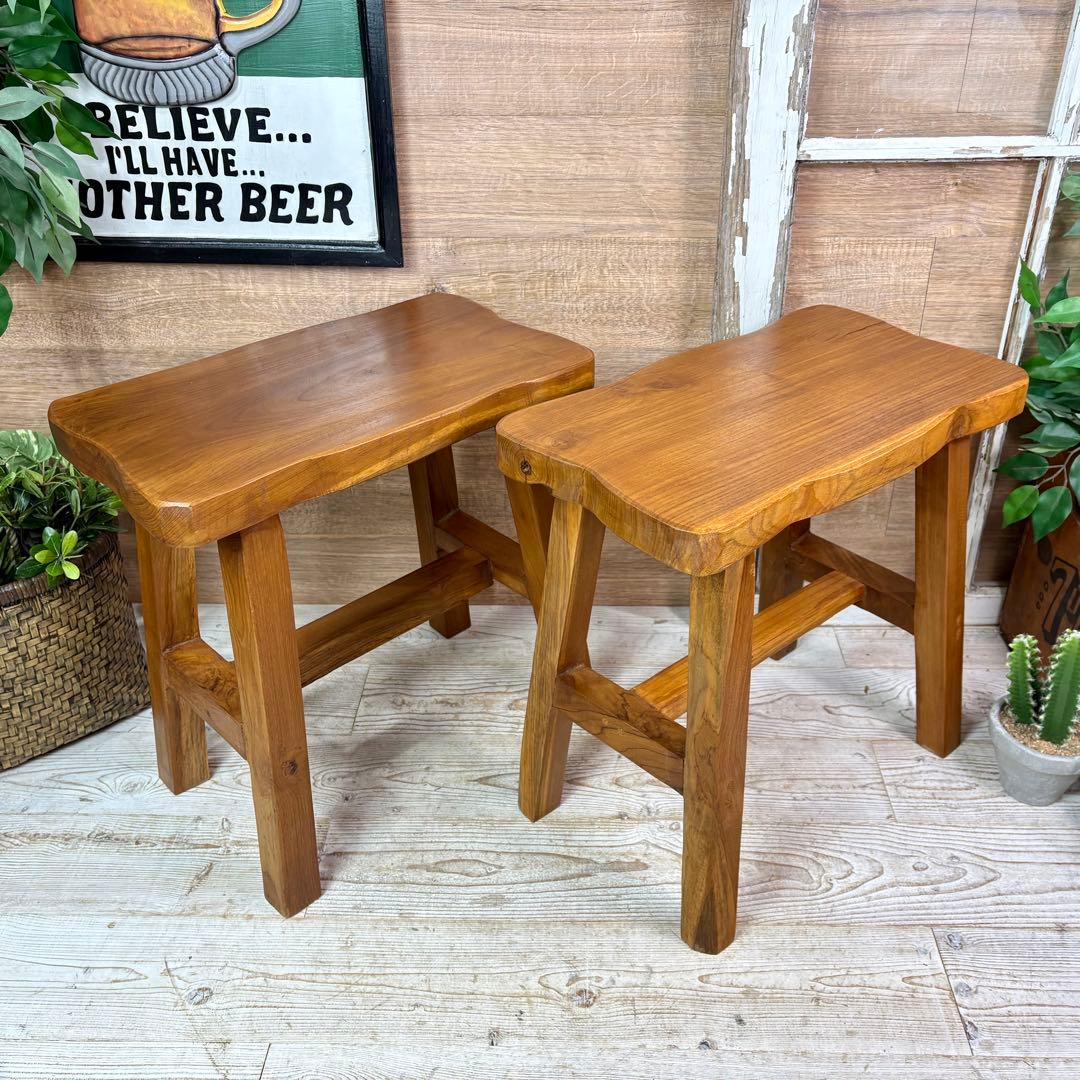 オールドチーク天然無垢材ベンチスツールワイド2点セットサイドテーブル飾り台置き台