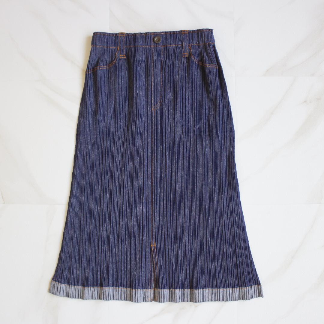 【極美品】PLEATS PLEASE デニム転写スカート Lサイズ ネイビー