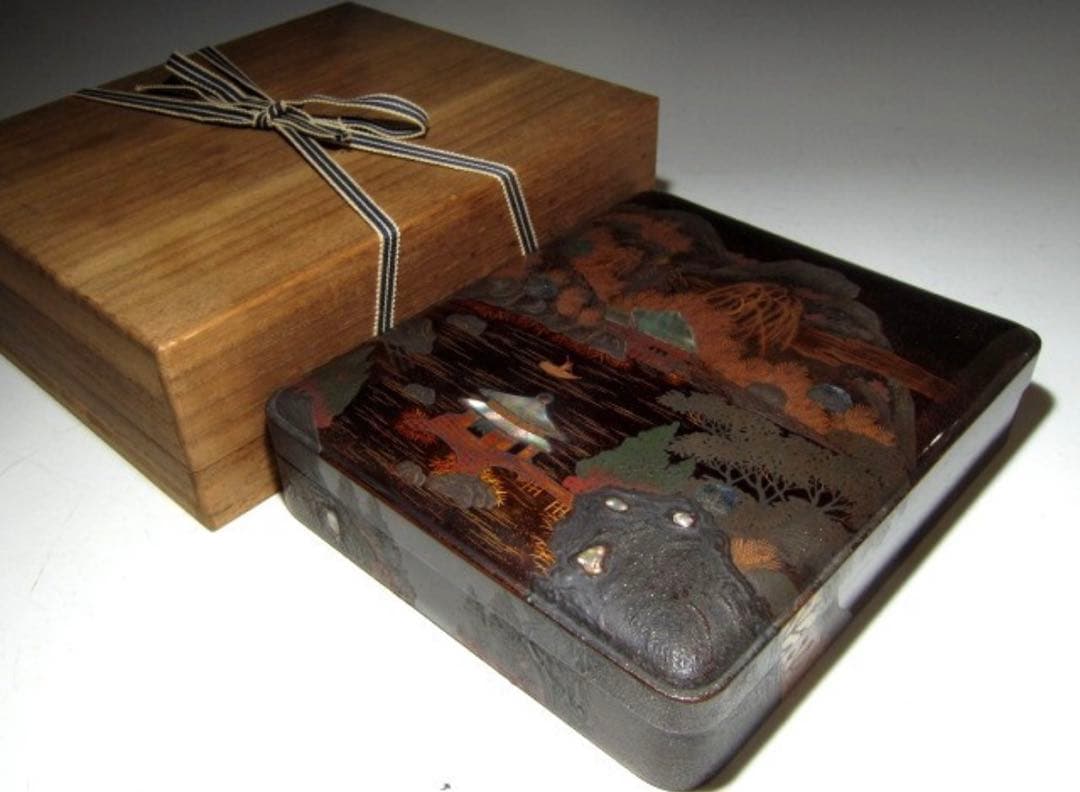 時代 硯箱 山水蒔絵 金梨地 高級感のある時代の名品！7796