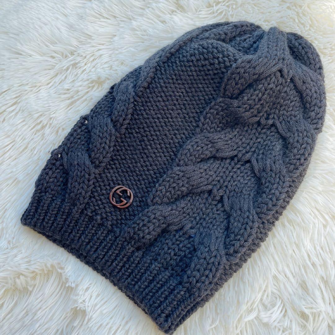 美品 GUCCI グッチ ニット グッチ ニット帽 GG ウール 黒 M 箱付き