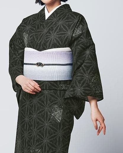 ★なおはる★サロン浴衣 縦絽 細密染 麻の葉柄 黒茶系