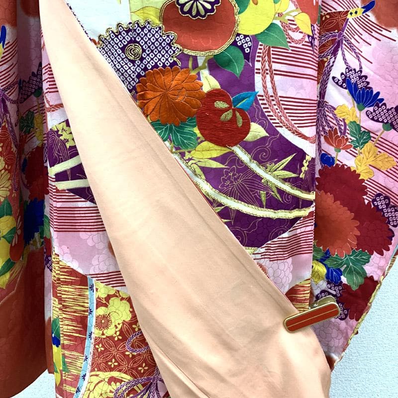 506aj51着物のみ■アンティーク振袖 金駒刺繍 刺繍 橘 ジュニアにも■良好