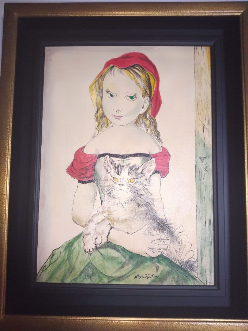 藤田嗣治、絵画、油彩４号、猫を抱く少女、肉筆、新品額縁、鴨居玲、宮永岳彦。