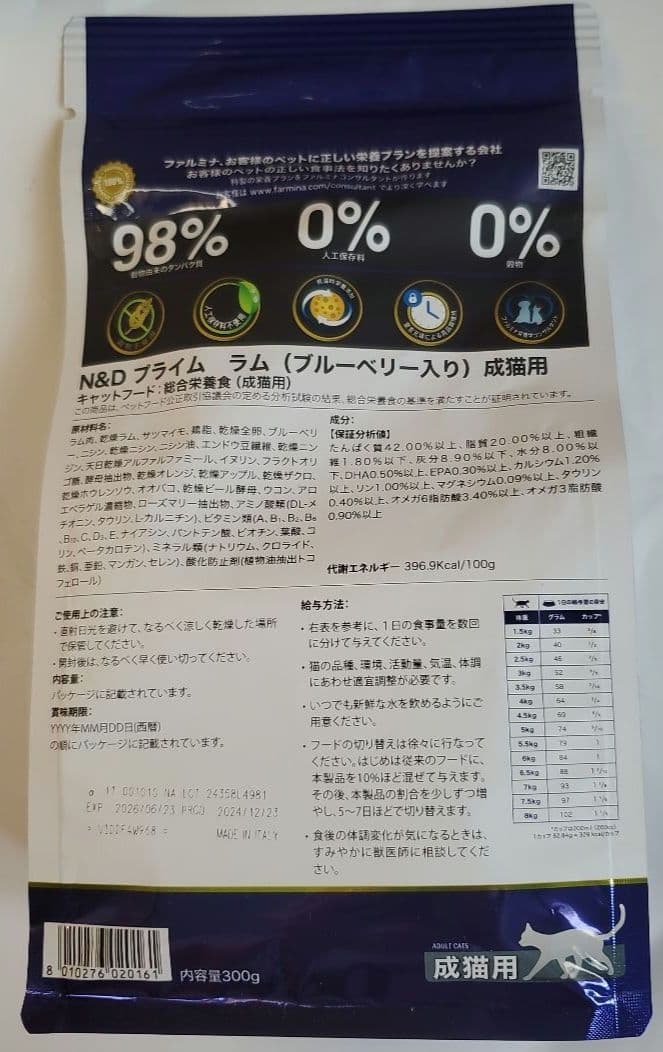 ファルミナ猫　N&D　ドライフード　成猫用　ヒルズ