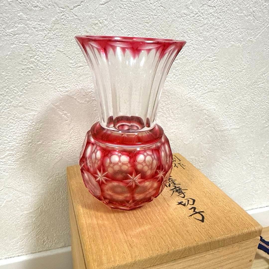 《美品》島津薩摩切子 色被せガラス 花入れ（一輪挿し:金赤）