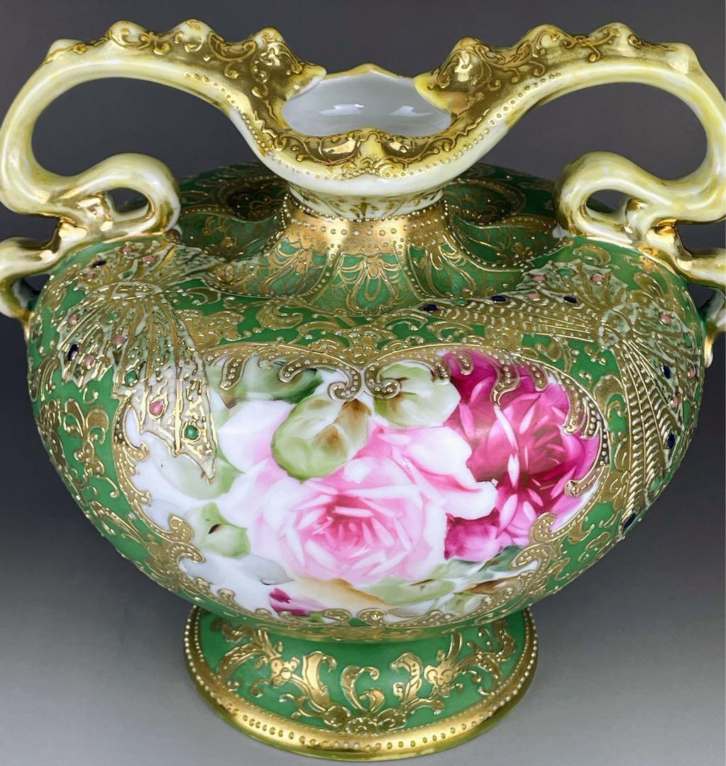 【美品】オールドノリタケ ジュエル 翠地金盛り蝶 薔薇紋花瓶 ジュール エナメル