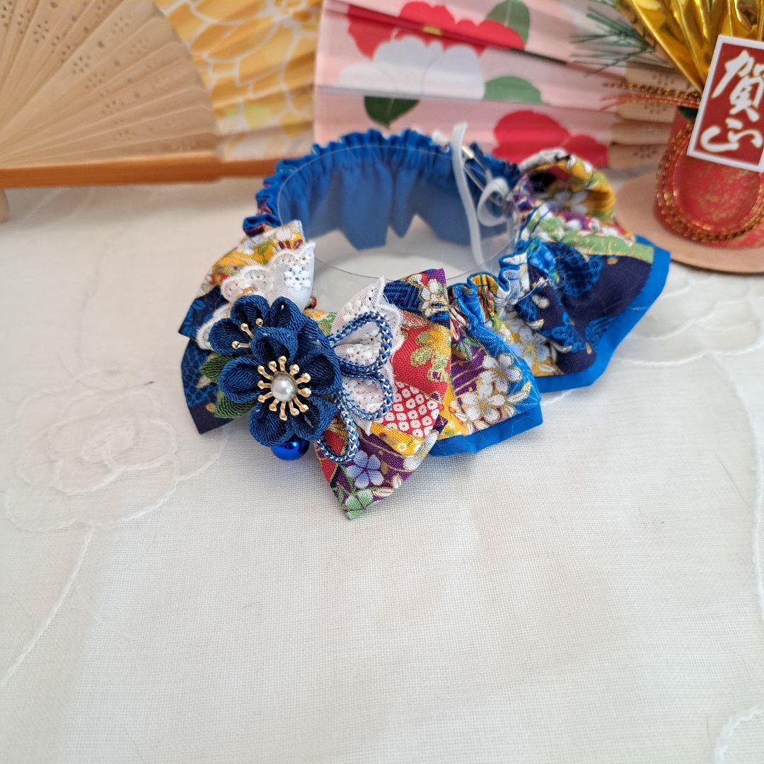 短毛シュシュ、和風妻み細工(青②)わんちゃん猫ちゃん用