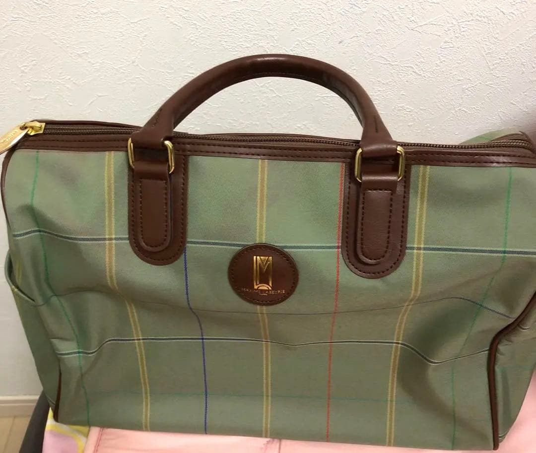 昭和　ボストンバッグ 緑色と茶色のチェック柄