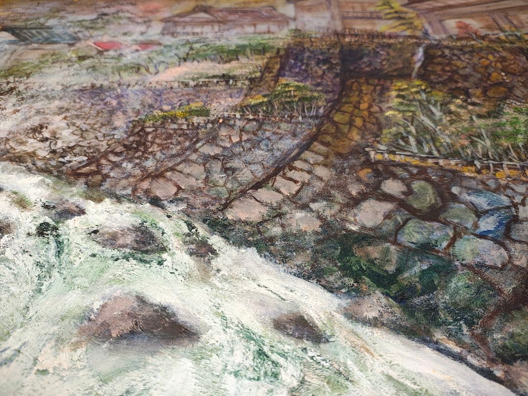 ​大型 F30号 木製額縁 油彩 風景画 温泉街 湯治場 レトロ アンティーク