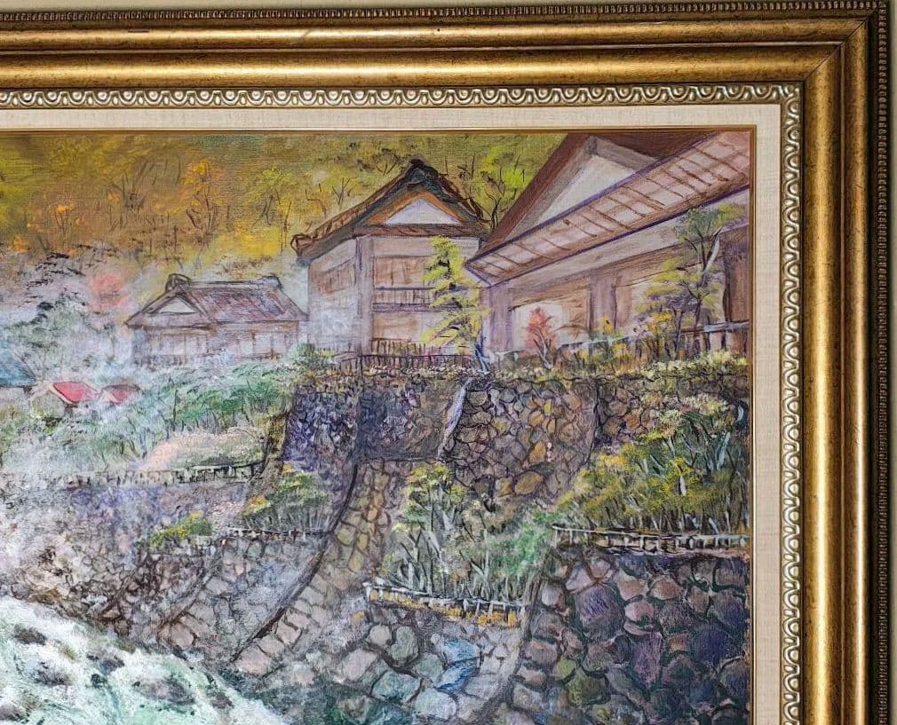 ​大型 F30号 木製額縁 油彩 風景画 温泉街 湯治場 レトロ アンティーク