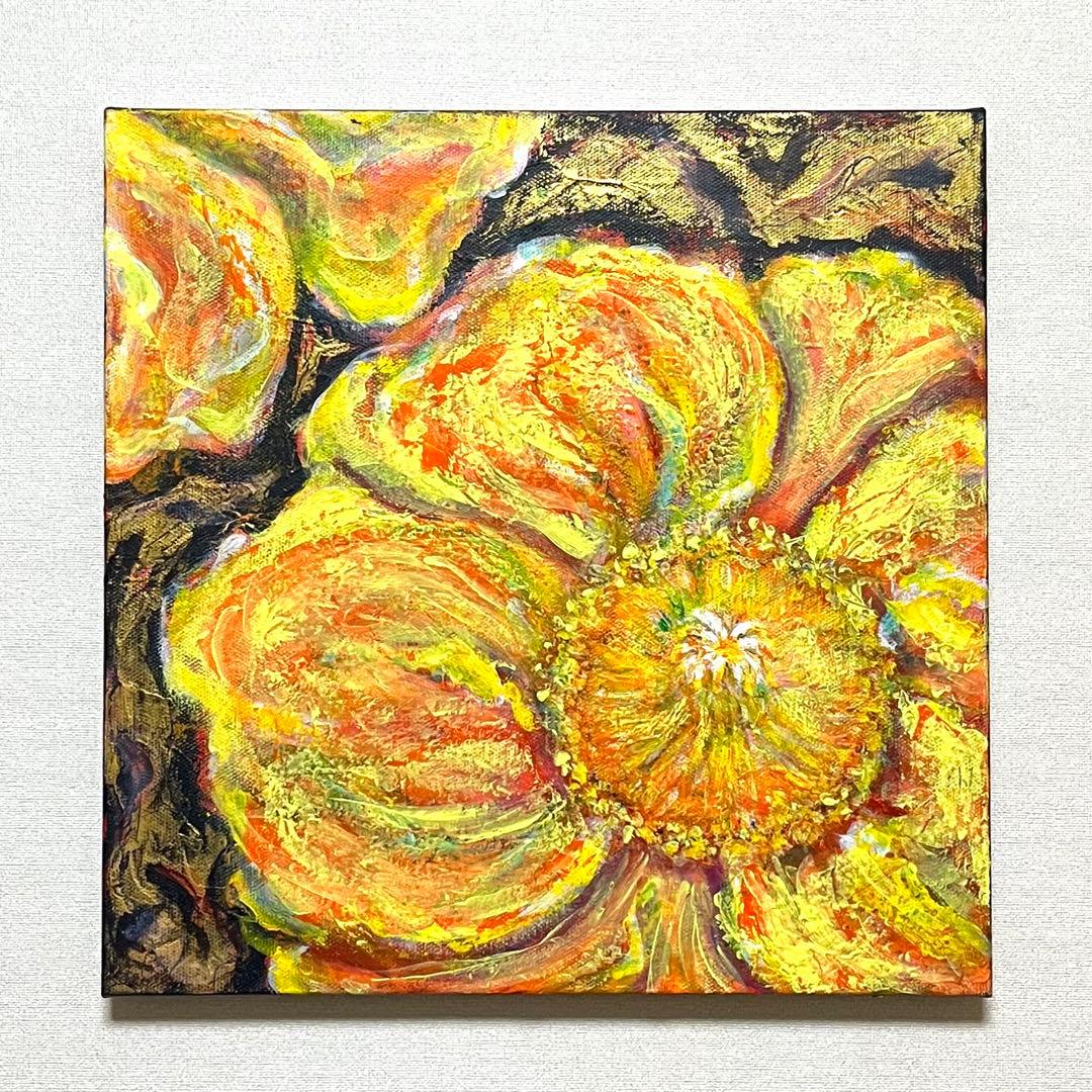 黄色い花　アクリル画　原画　ゴールドも(^^) 花の絵