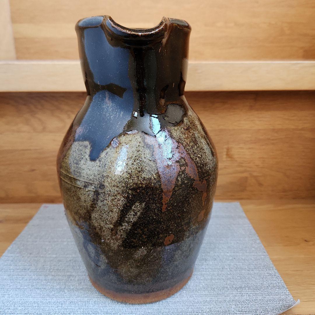 益子焼　村田元　柿黒釉 把手壺　木製箱付き 花器、ピッチャー