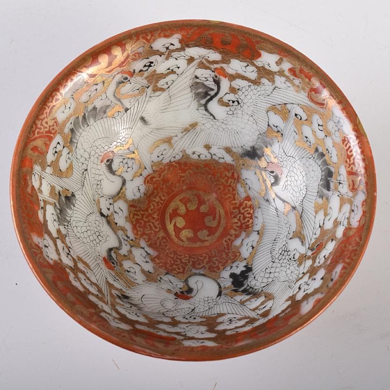 九谷焼　赤絵金彩　鶴雲文　盃　V　R8447