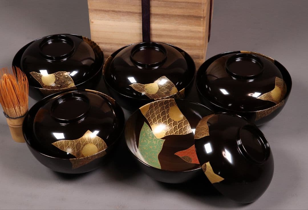天然木漆塗 小紋伝統柄 蒔絵椀 五客 木箱入 黒塗 木製漆器 汁椀【CL65】