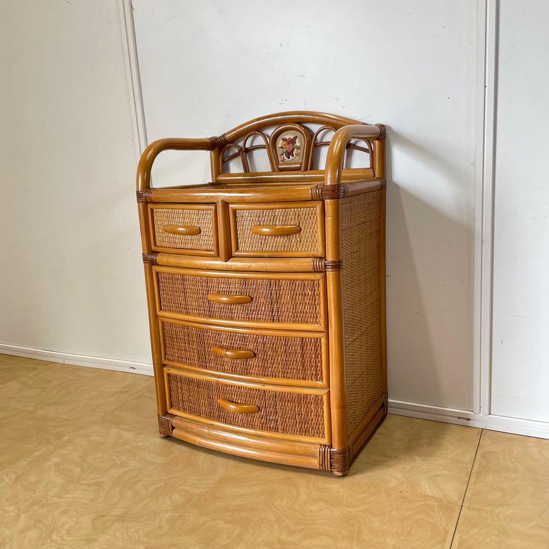 籐 ラタン 4段チェスト 引き出し 収納 タンス 箪笥 電話台 ビンテージ
