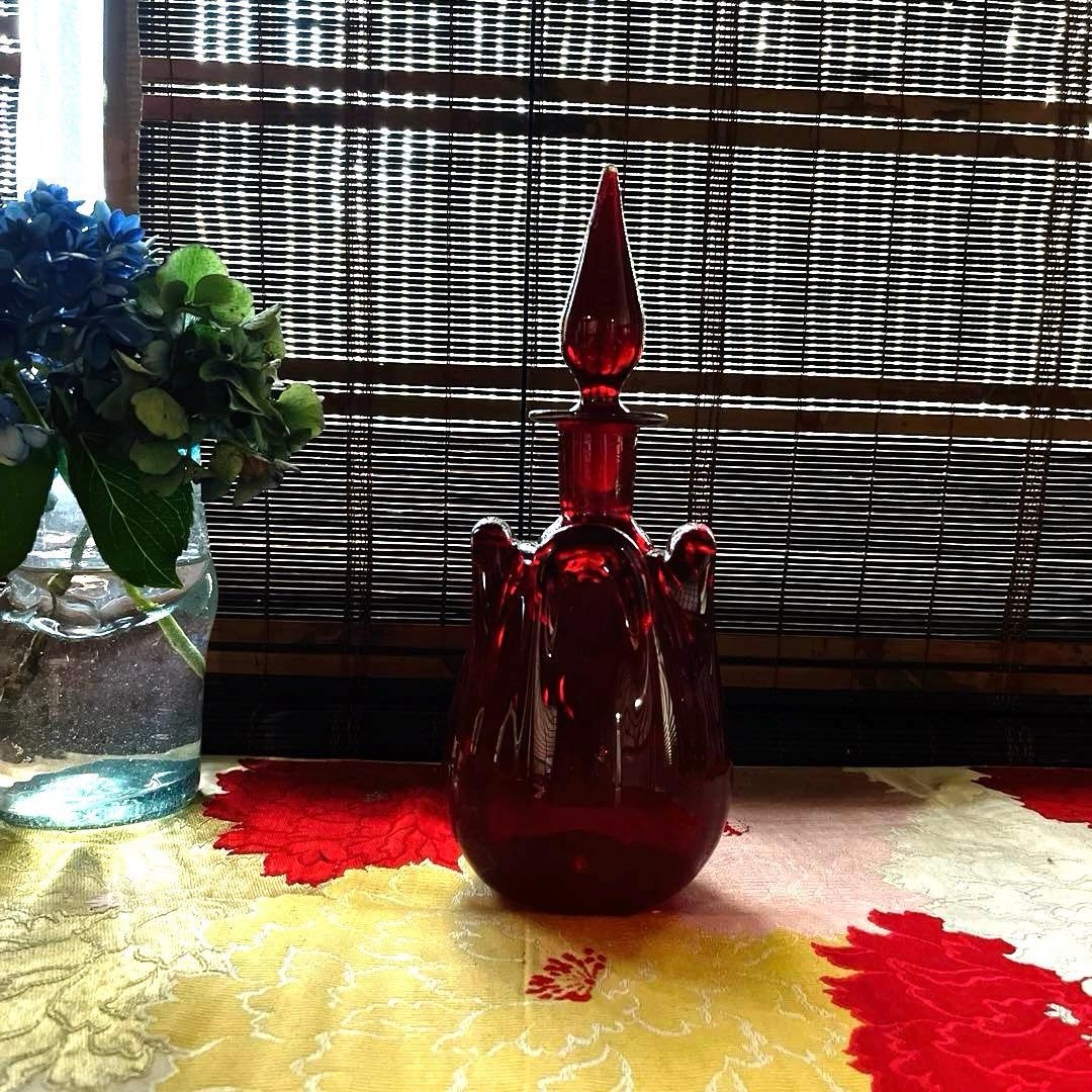 骨董　時代ガラス　銅赤被せガラス　古作　水差し　デカンタ カラフェ