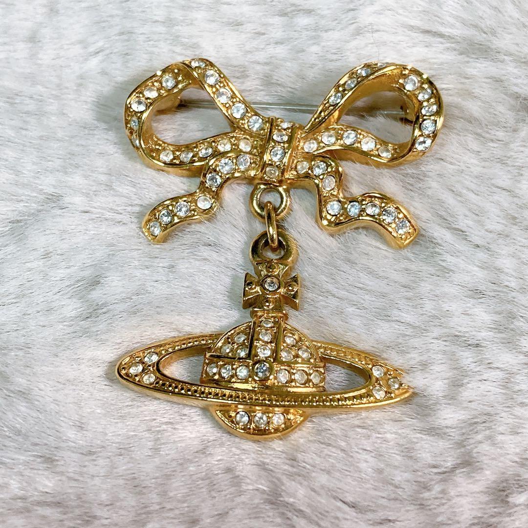 【美品】レア ヴィヴィアンウエストウッド オーブ リボン ブローチ ゴールド