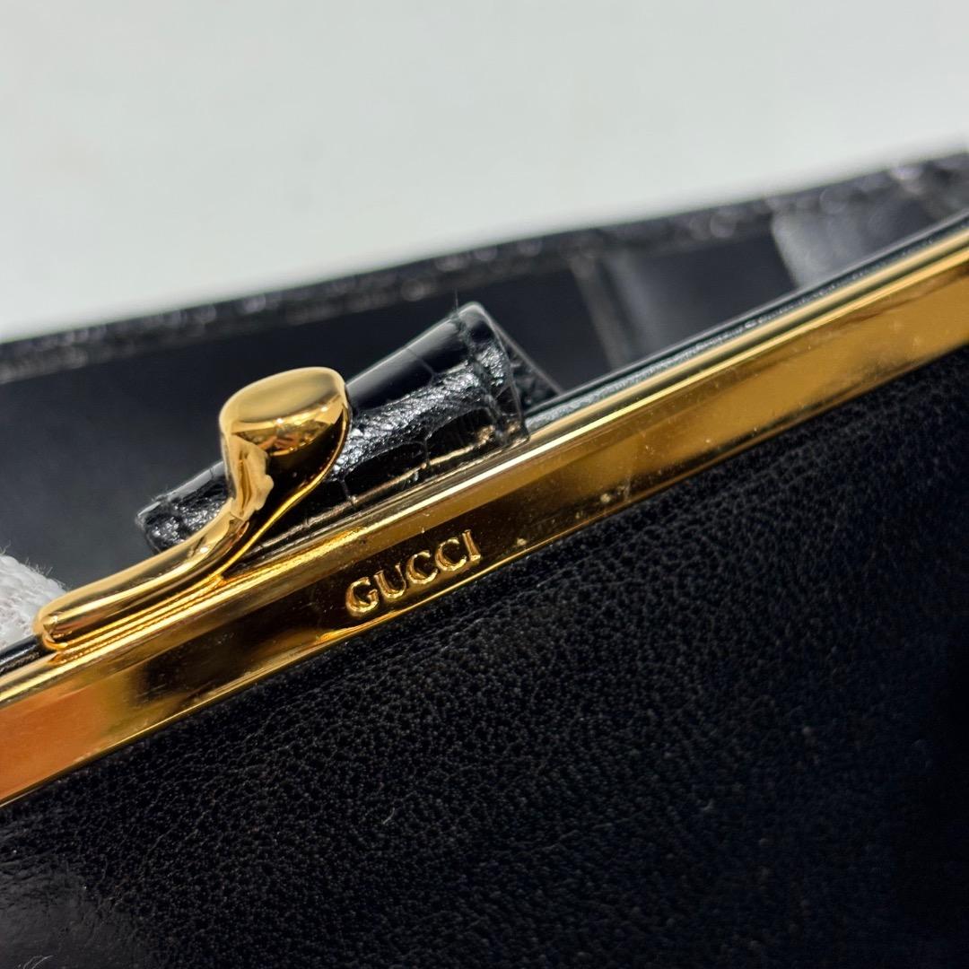 美品【グッチ本物】2つ折り財布/クロコダイル本革/レザー/ブラック/がま口