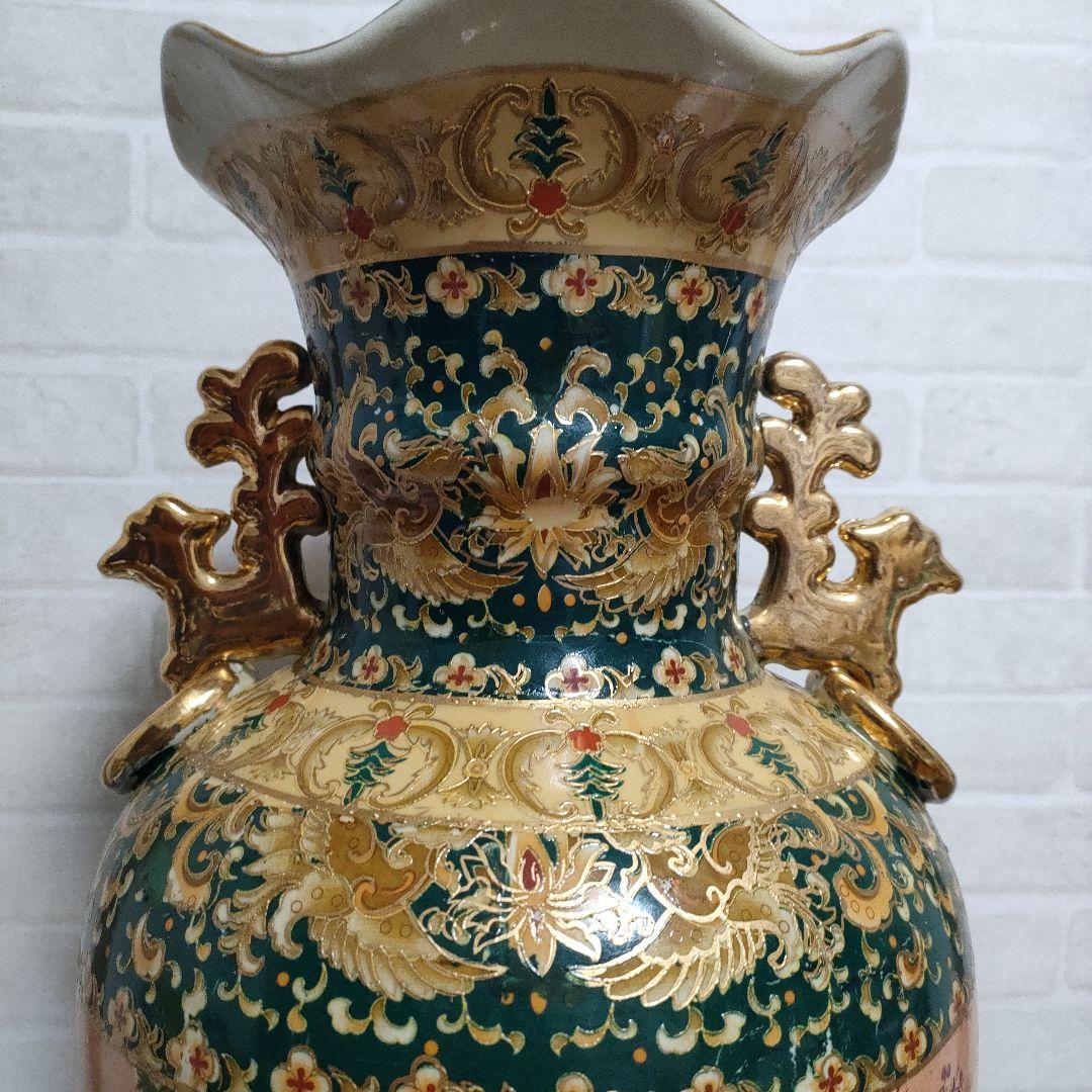 中国美術 大型飾り壺 双耳大花瓶 金彩