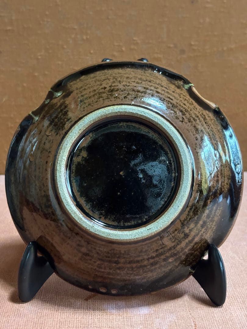 河井寛次郎作柿海鼠釉四方押皿　一品物　検森豊穣の土