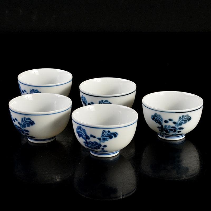 煎茶道具　賣茶好　染付　亥年白菜文　煎茶碗　5客　共箱　V　6194