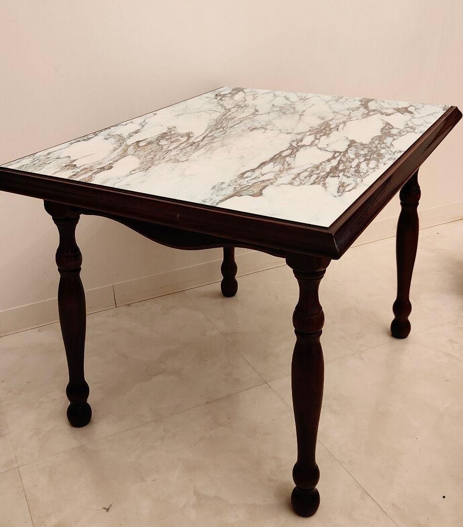 大理石風　ダークブラウン 木製テーブル 　アンティーク