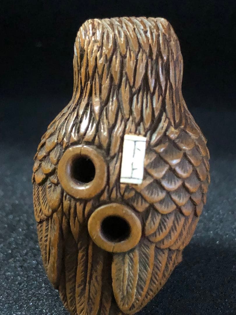 明治時代　木製　木彫　梟　根付　提げ物　骨董アンティーク　在銘