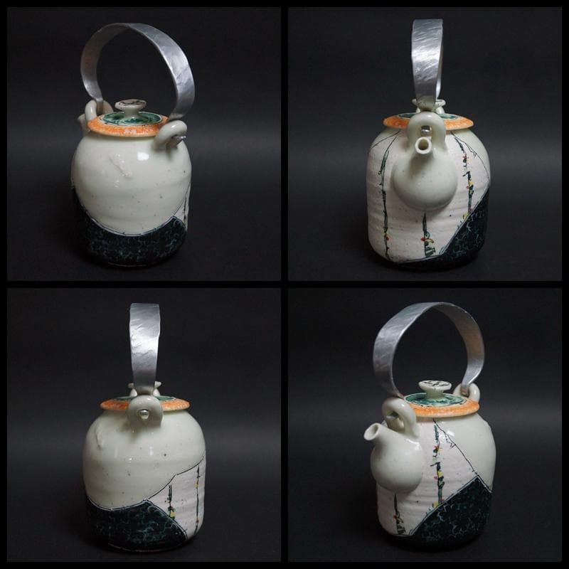 現代陶芸作家 重松康夫造 織部模様創作徳利 酒杯(2客)打出し提手 化粧箱付