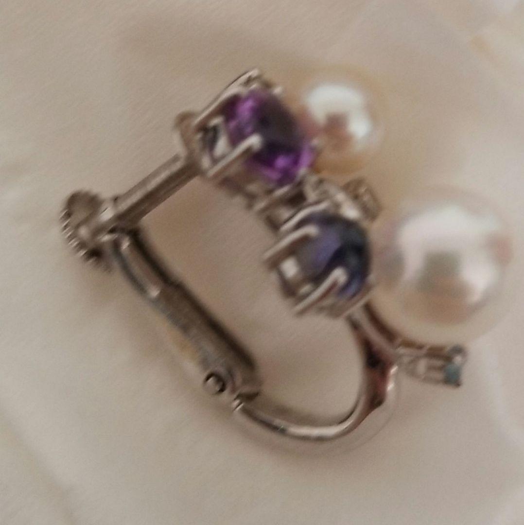 金K18WG 真珠と天然石とダイヤのブローチ・イヤリングセット