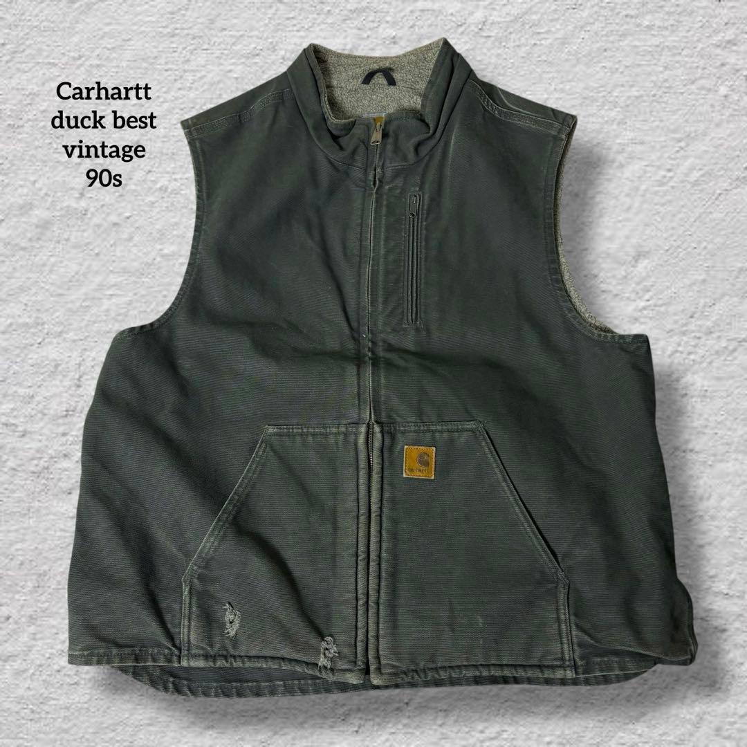 カーハートダックベスト90sカーキvintage鬼フェード内ボア古着XLボロ