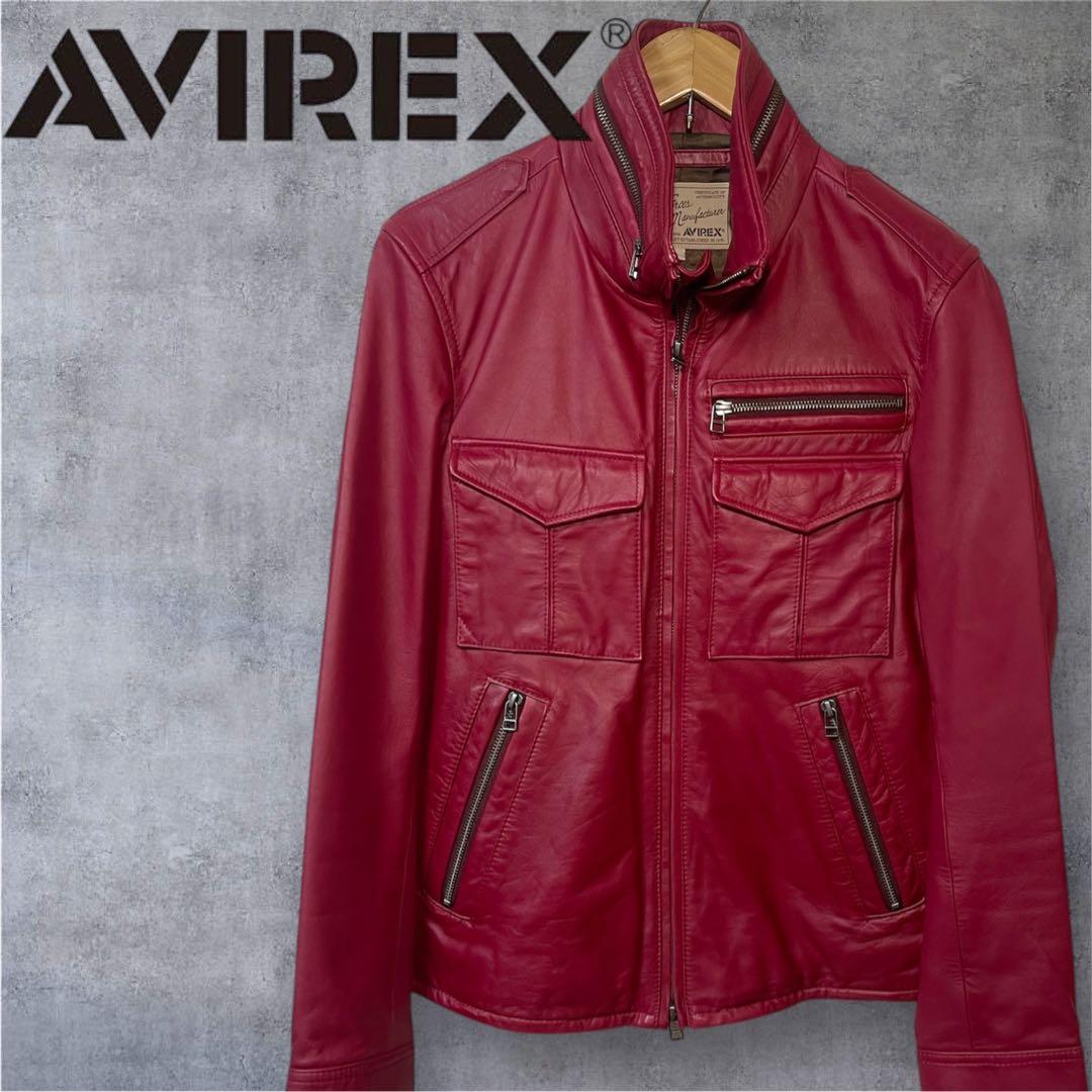 【美品】AVIREX 本革レザージャケット 赤 M スタンドカラー ライダース