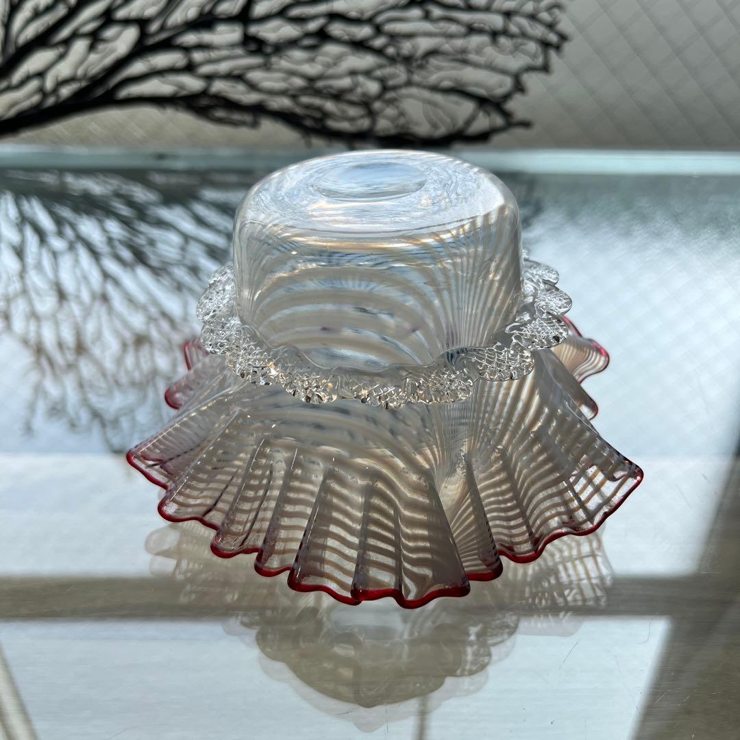 骨董　時代ガラス　超希少　金赤フチ　掻き揚げ模様　菓子器　氷鉢　ウランガラス