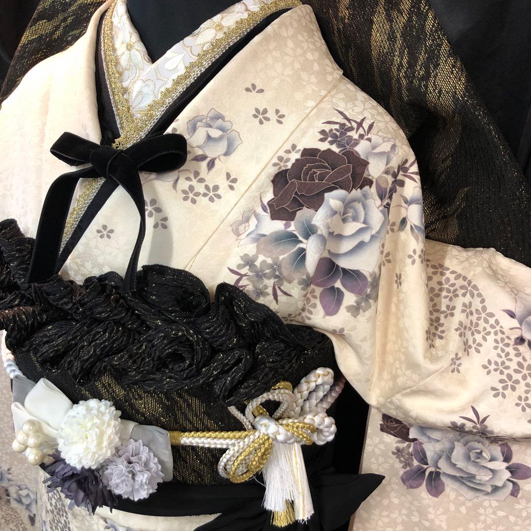 ■モノトーン系■白振袖■薔薇■正絹振袖フルセット■成人式■振袖一式