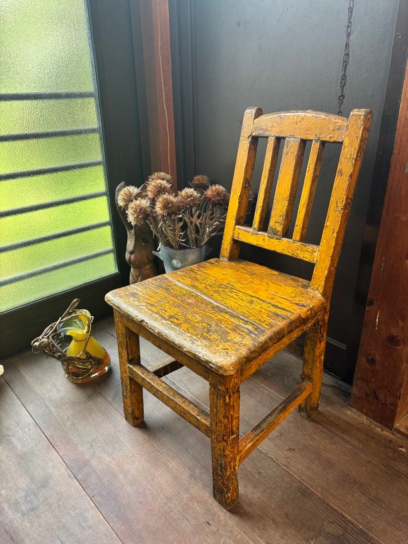 イタリア アンティーク 木製 キッズチェア イエロー シャビーシック