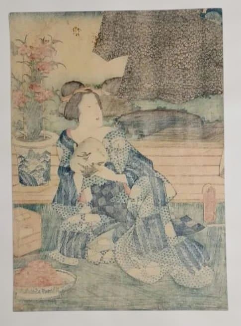 浮世絵版画、十二月の内水無月土用干三枚綴り真ん中1枚売り三代豊国画 有名スイカ絵