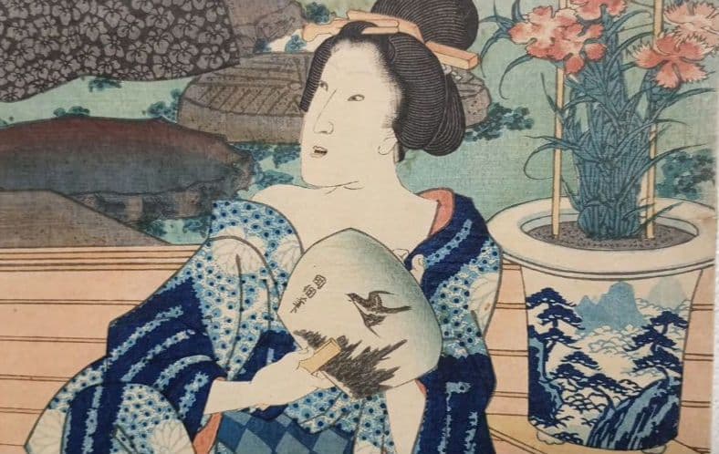 浮世絵版画、十二月の内水無月土用干三枚綴り真ん中1枚売り三代豊国画 有名スイカ絵