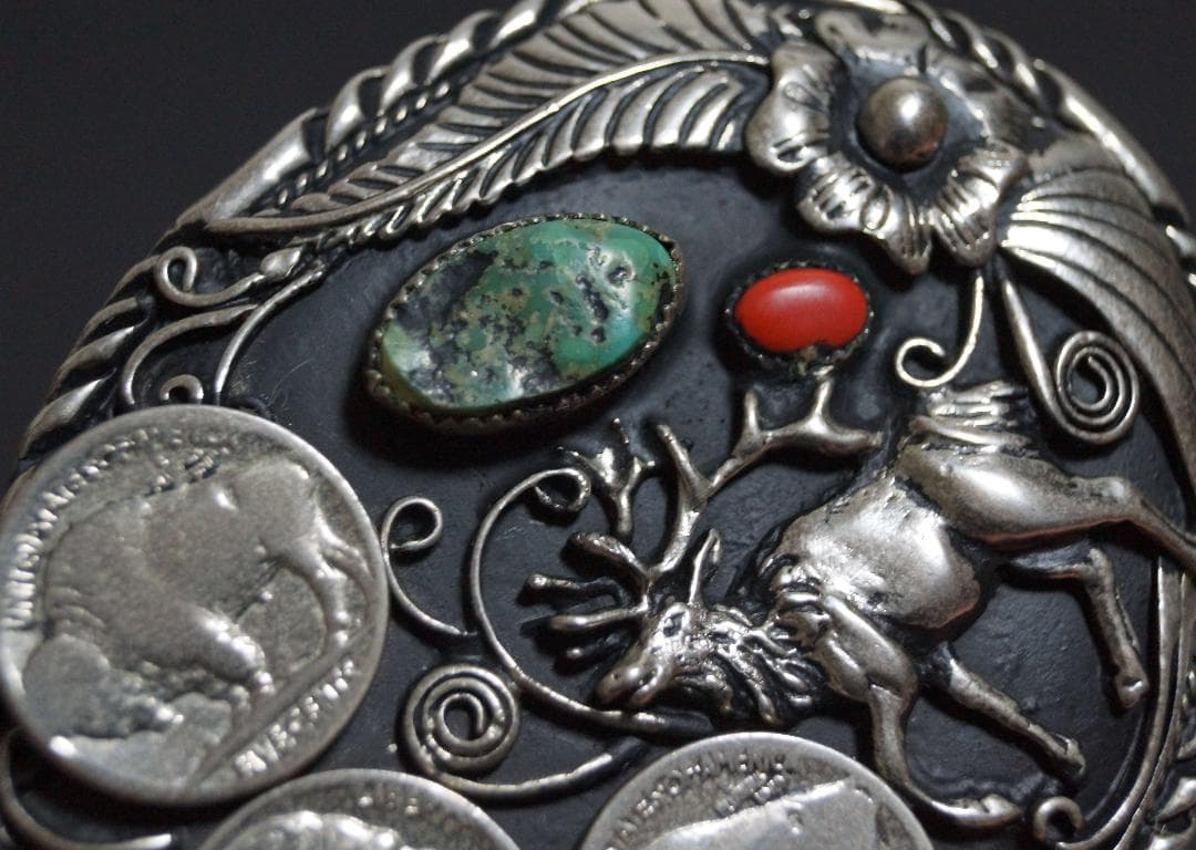 【激レア】ヴィンテージハンドクラフト ウエスタンバックルターコイズ赤サンゴ象嵌