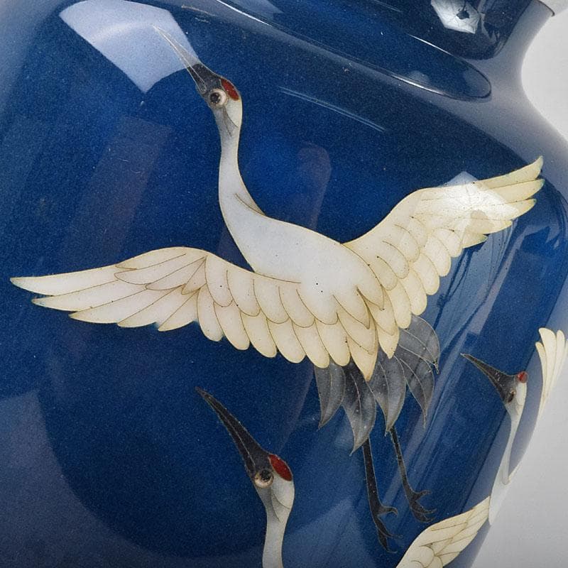 七宝焼　粂野締太郎造　鶴文　花瓶　共箱　M　R9266