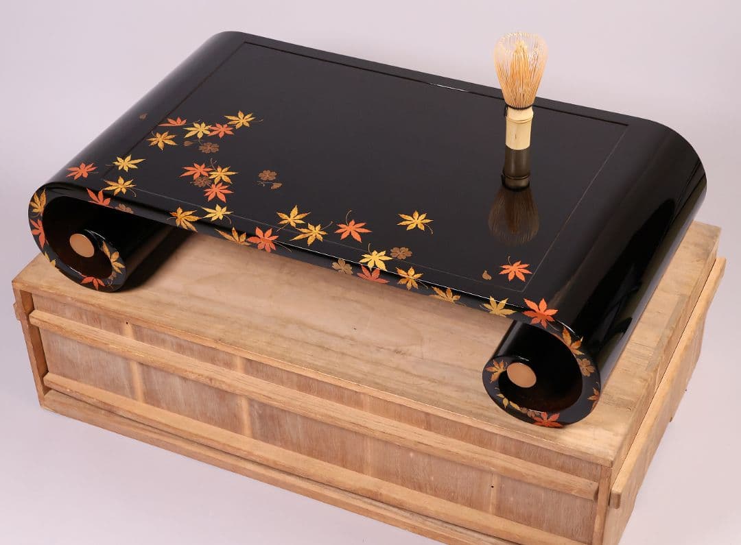 漆芸 紅葉桜 波千鳥 蒔絵 巻足 平卓 花台 黒塗 梨地 木製 楓【MA939】