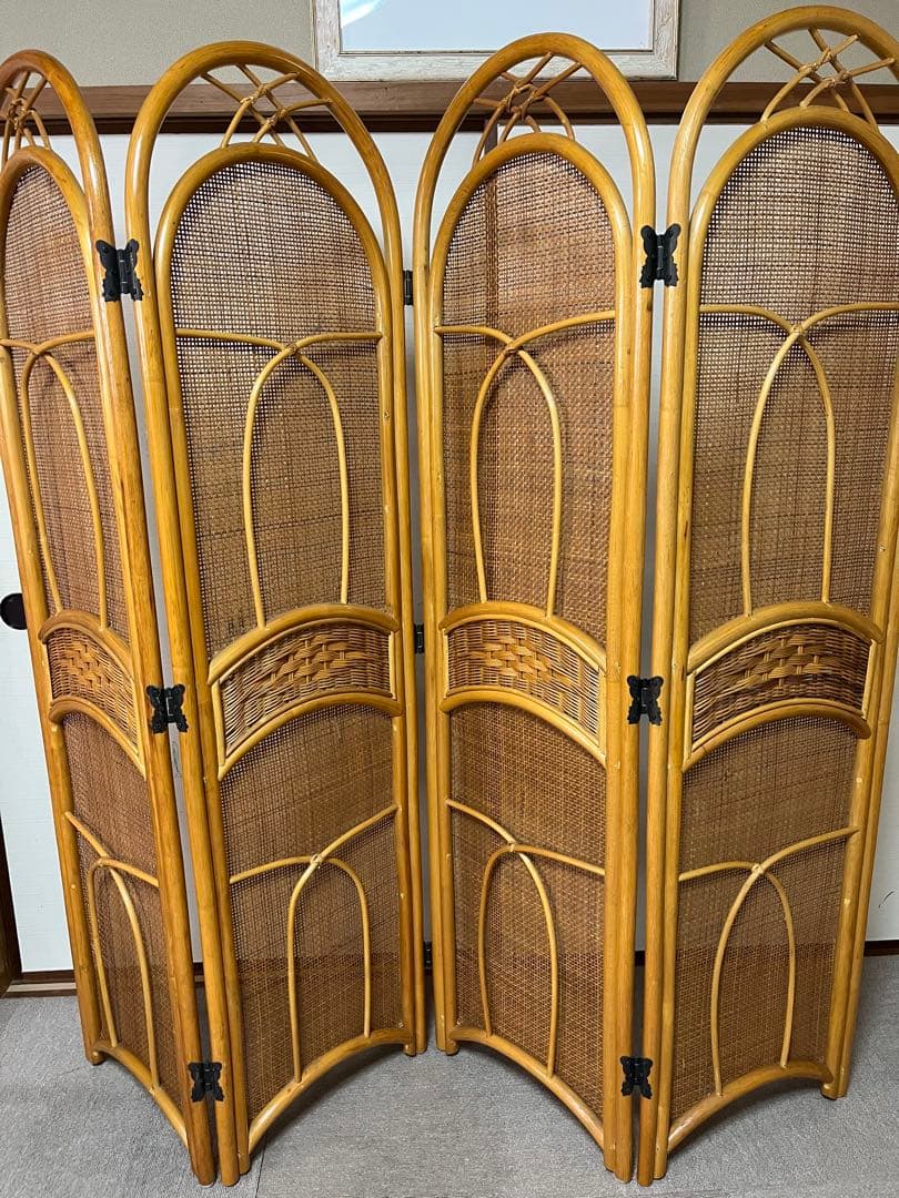ラタン 4連 パーテーション 衝立 間仕切り ヴィンテージ 昭和レトロ