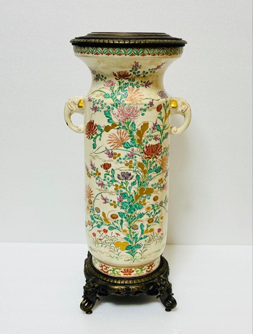 明治 薩摩焼 京薩摩 9代帯山与兵衛 上絵金彩色絵草花文象耳付花瓶