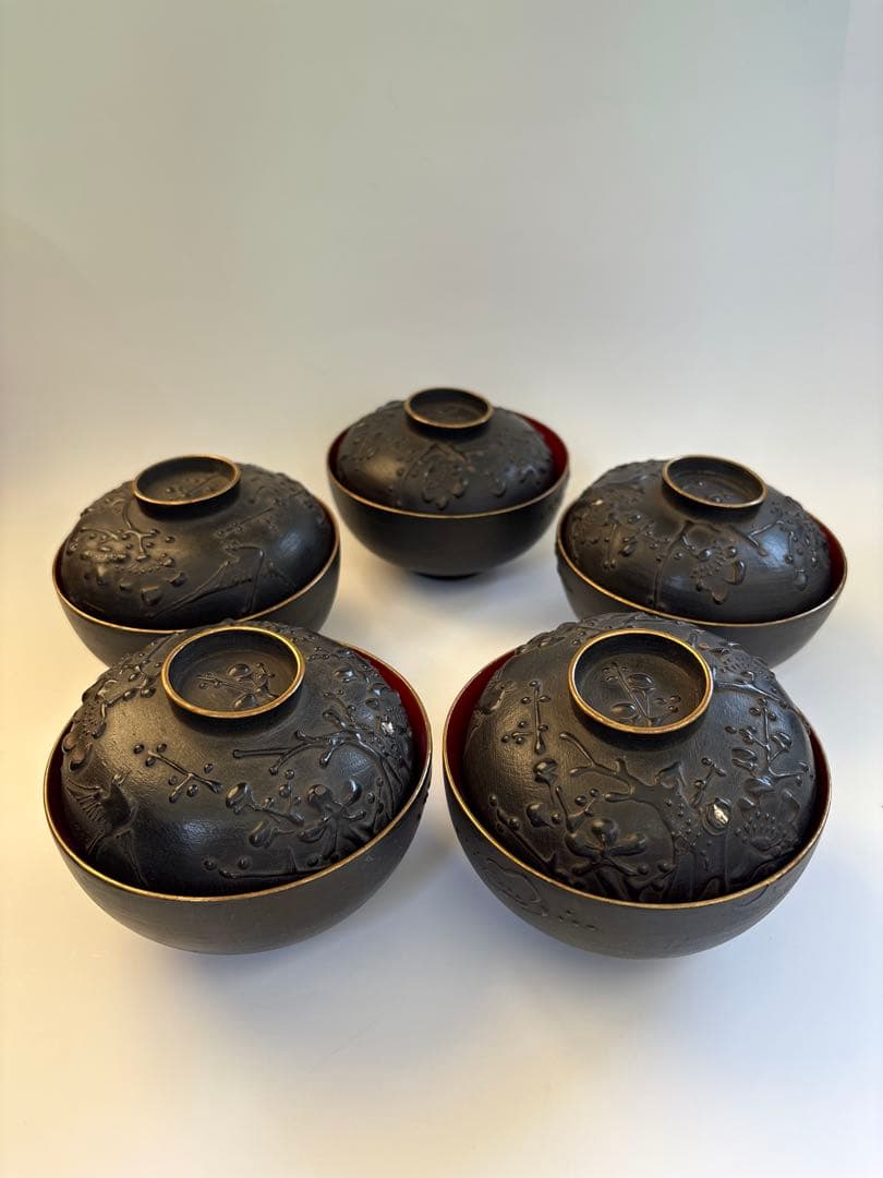 明治、大正期　会津塗　鉄錆塗　蒔絵　富士山　木製　蓋付き　お椀　梅鶯　内朱　5客