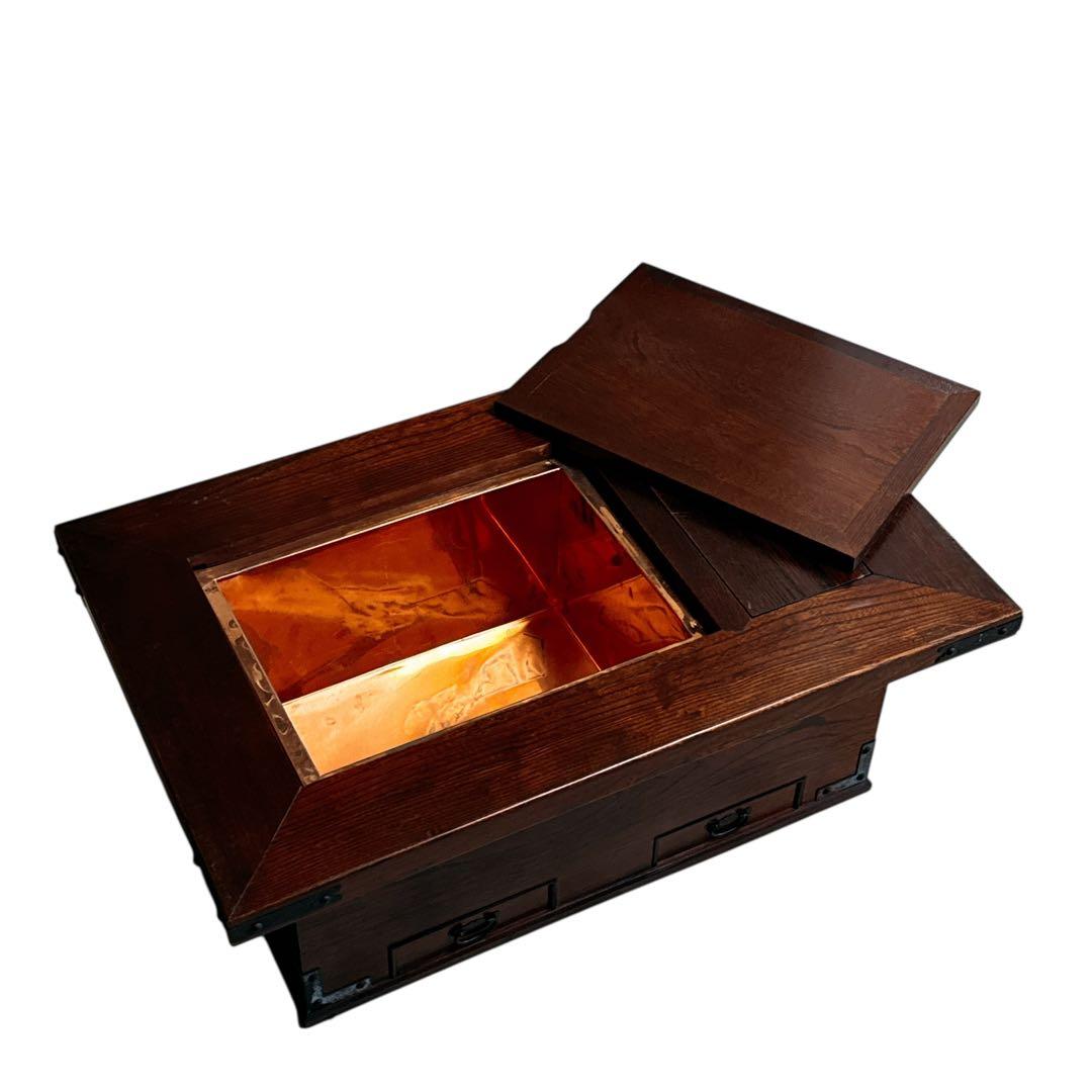 ロダン　中古　国産民芸家具　四隅の金具　火鉢囲炉裏、関西火鉢、木製